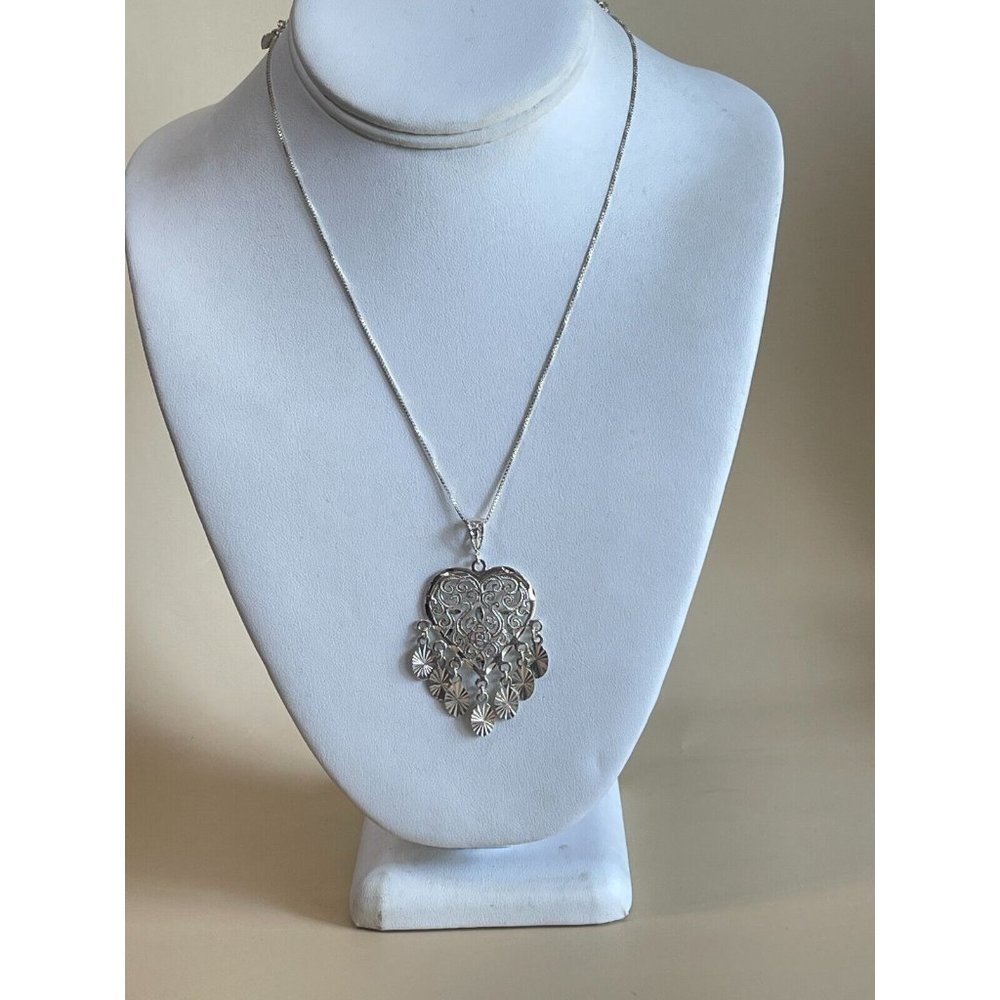 Valentine Dangling Heart Sterling Filigree Necklace 925 Turkey 16" - Picture 4 of 15